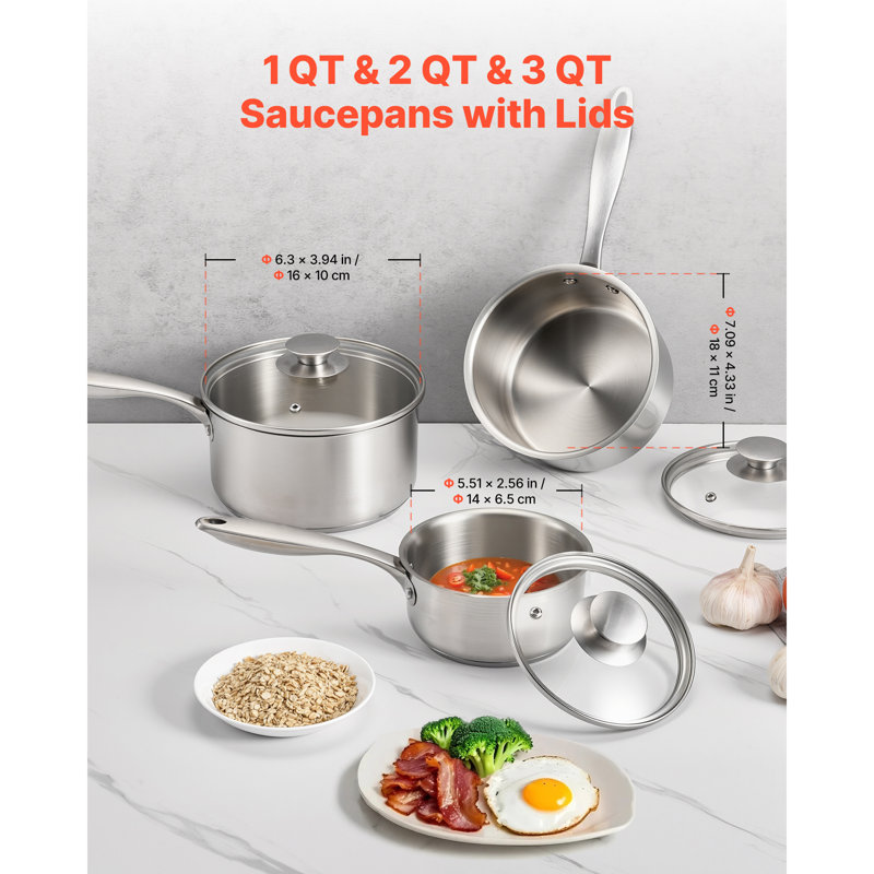 Ensemble de casseroles en acier inoxydable 3 pièces, 14,17 x 7,68 x 6,3 po, en acier inoxydable, ensemble de casseroles 3 pièces, argent, 1, 2 et 3 pintes
