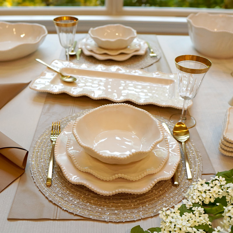White Melamine 12-Piece Dinnerware Set with Beaded Ruffled Rims