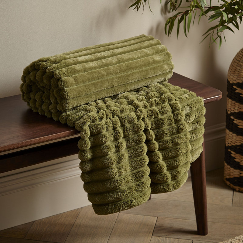 Cosy Ribbed Faux Fur Blanket Throw, Olive Green