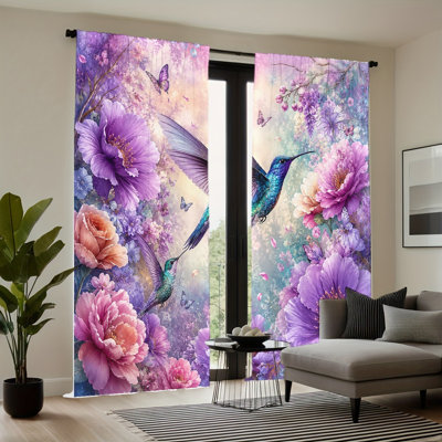 2PCS Hummingbird and Flower Print Light Filtering Curtains with Butterfly Accents, Vibrant Garden Theme Decor, Easy Hang Rod Pocket Design, All-Season Curtains for Home Living Room Bedroom Dormitory Decoration