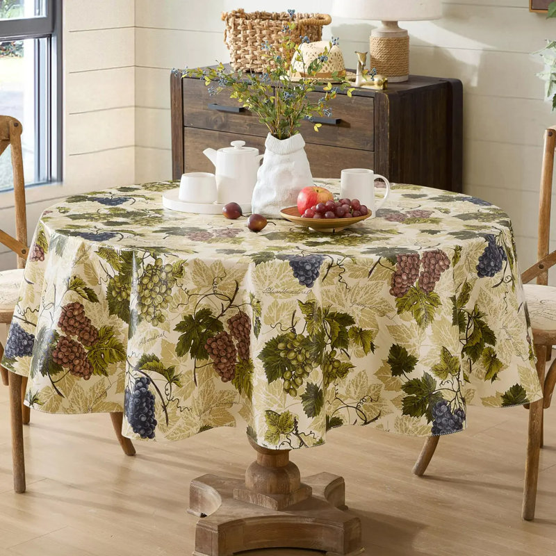 Nappe ronde en vinyle 70 po avec envers en flanelle, imprimé vigne, housse de table imperméable à l'eau pour l'extérieur, pique-nique, barbecue, patio et cuisine
