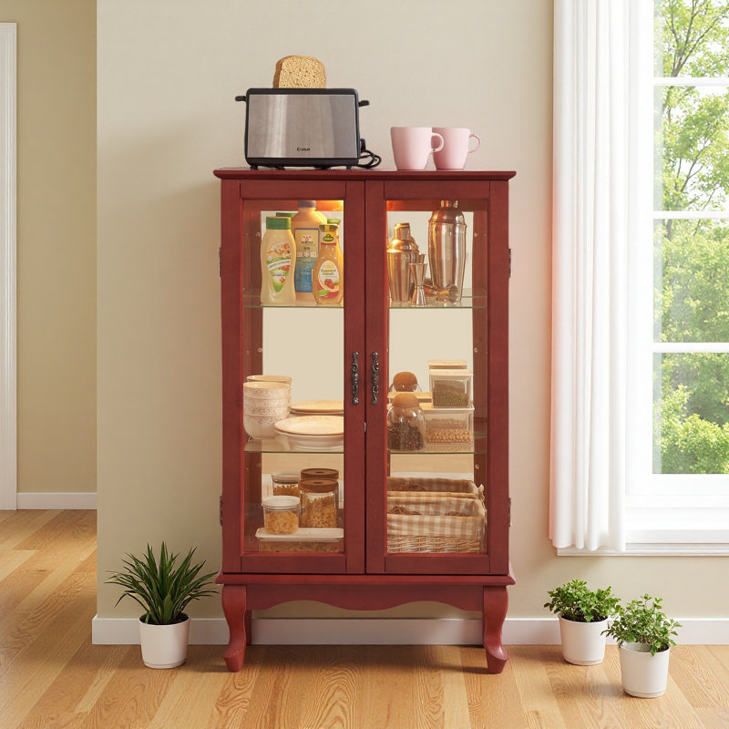 Elegant 2-Door Curio Cabinet With Tempered Glass Doors, Mirrored Back Panel, And Adjustable Shelves - Lighted Display Cabinet For Home And Office