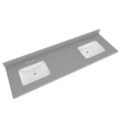 Comptoir de meuble-lavabo double 72 po avec lavabo, comptoir de salle de bain en pierre d'ingénierie grise, comptoir de meuble-lavabo moderne avec lavabos intégrés, trous de robinet à centre 4 po et dosseret