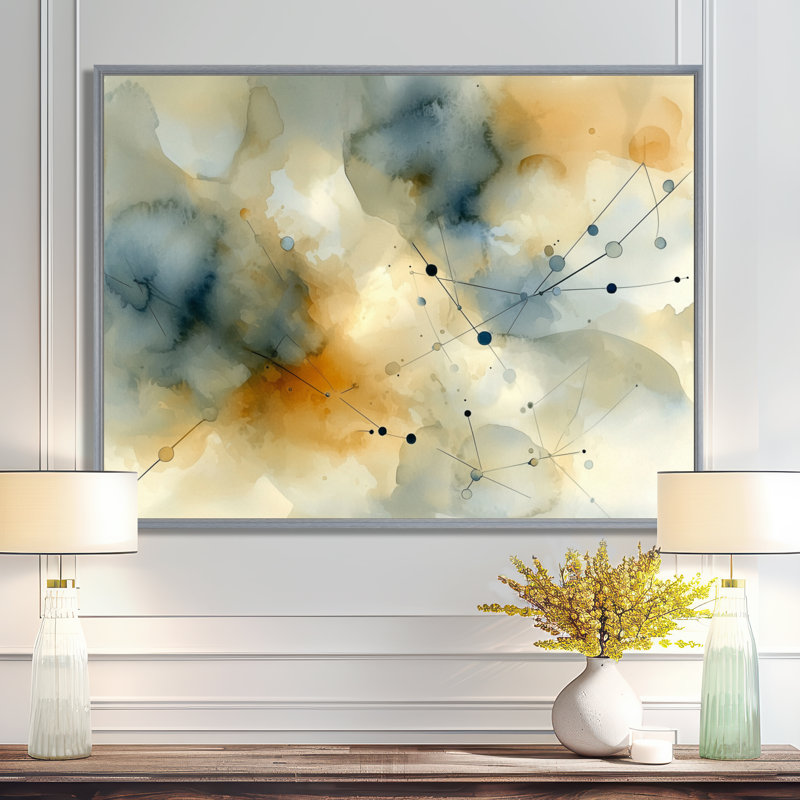 Décoration murale géométrique abstraite céleste «Galaxy I» à encre liquide, Argent argent, H 34 po x l 44 po