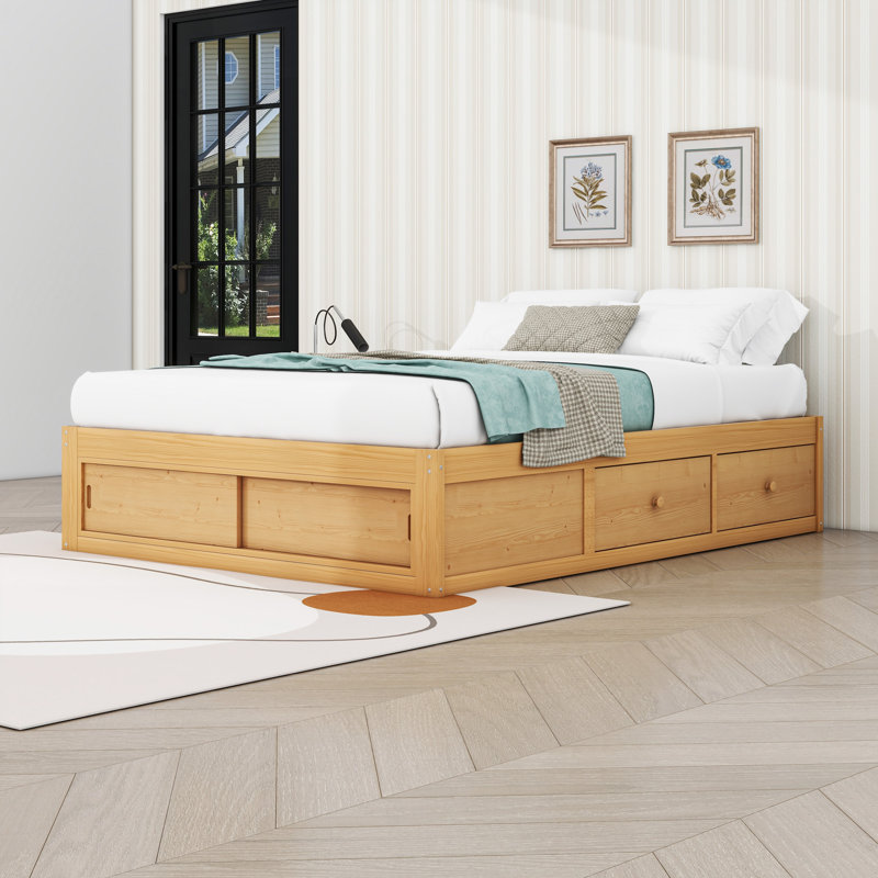 Grand lit plateforme 4 tiroirs avec casier de pied de lit et lattes robustes, Naturel