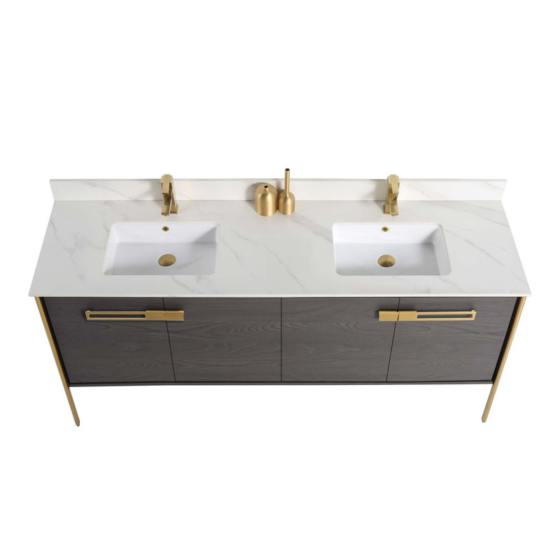 Meuble-lavabo double 72 po, Chêne noir, Laiton satiné