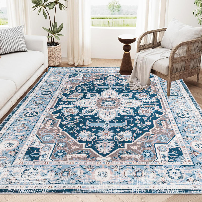Area Rug 8x10 Vintage Style, Bohemian Washable Non-slip For Kitchen, Blue Flower , Retro, Rectangle 8' x 10'