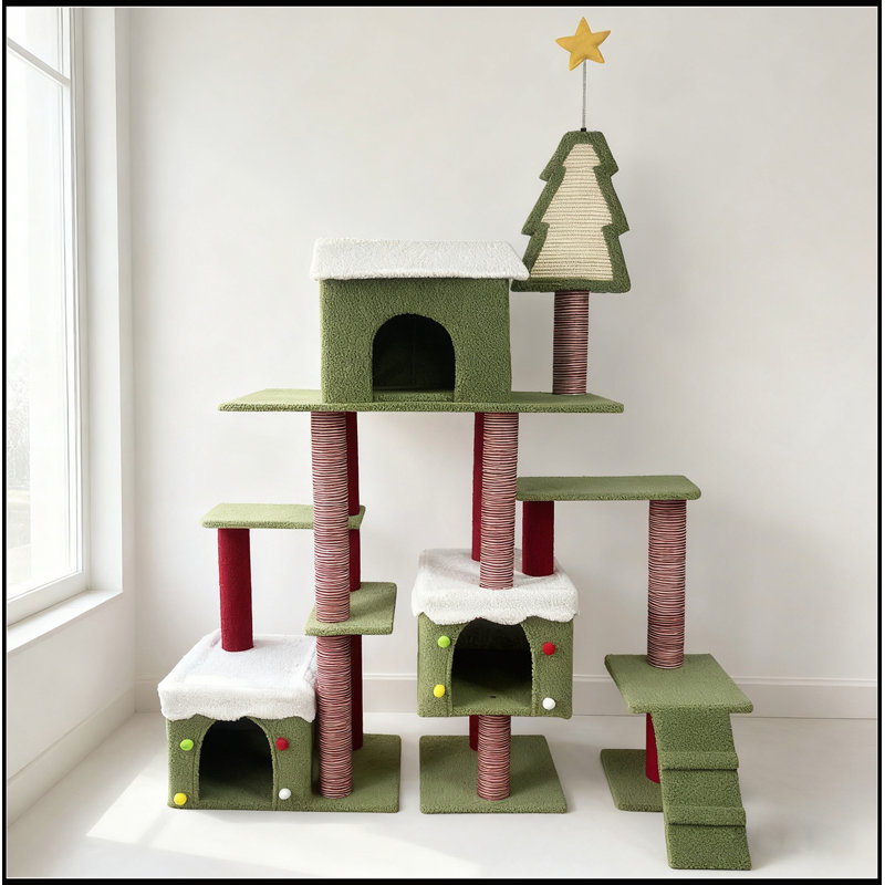 Tour pour arbre de Noël festive avec plateformes multi-niveaux et cachettes douillettes pour chats d'intérieur