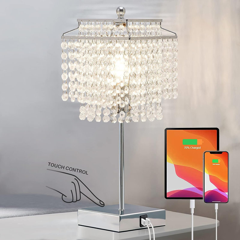 Silver Crystal Touch Control Table Lamp with USB Ports