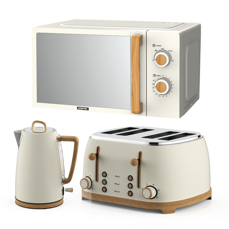 GEEPAS NordiQ 20L Microwave Oven 700W, 4 Slice Toaster & 1.7L Electric Kettle Combo Set | Matte Finish with Wood Accents | 1500W Bread Toaster & 3000W Rapid Boil Cordless Jug Kettle