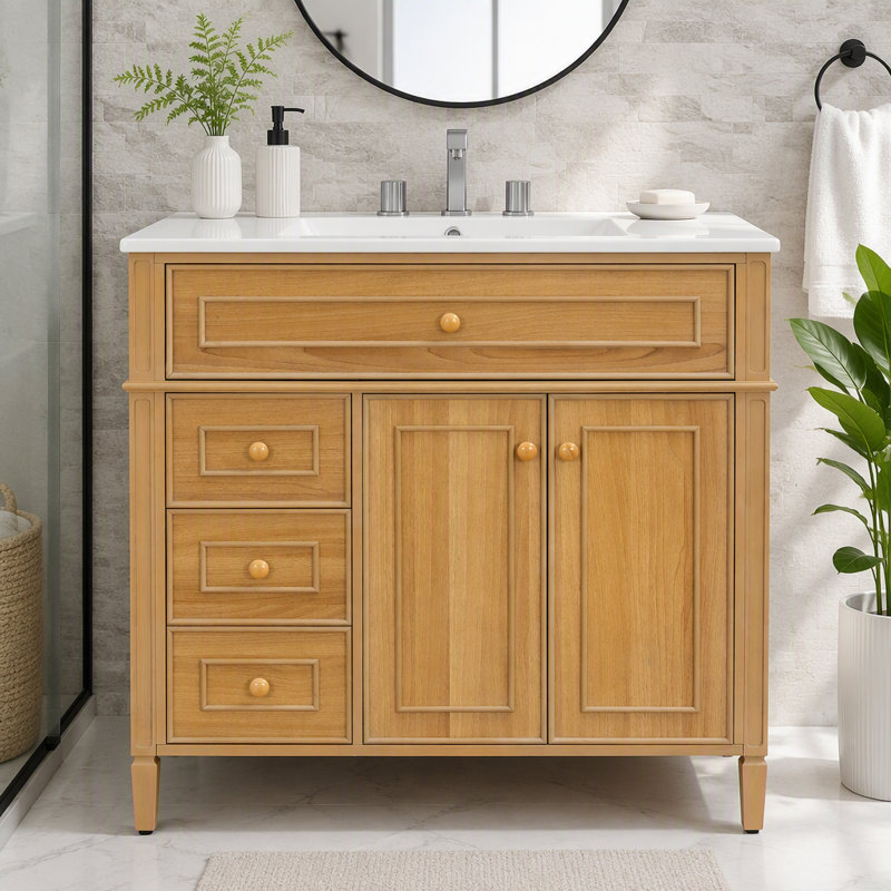 Meuble-lavabo 36 po avec lavabo et beaucoup de rangement, Porte droite en bois, 36