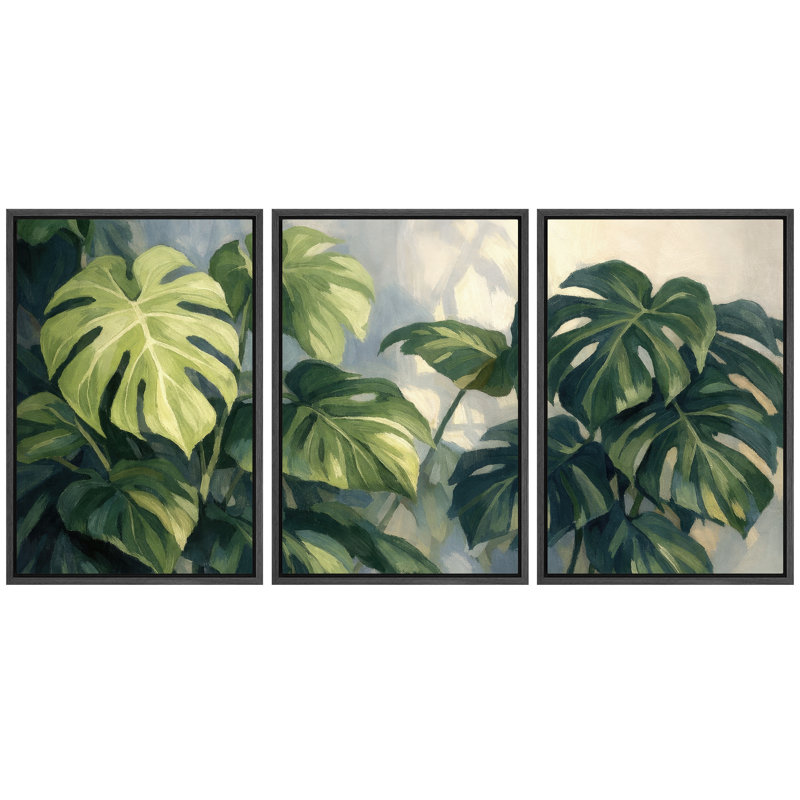 «Tropical Green Monstera Leaves», impression sur toile encadrée, impression sur toile, H 24 po x l 48 po, Cadre flottant noir