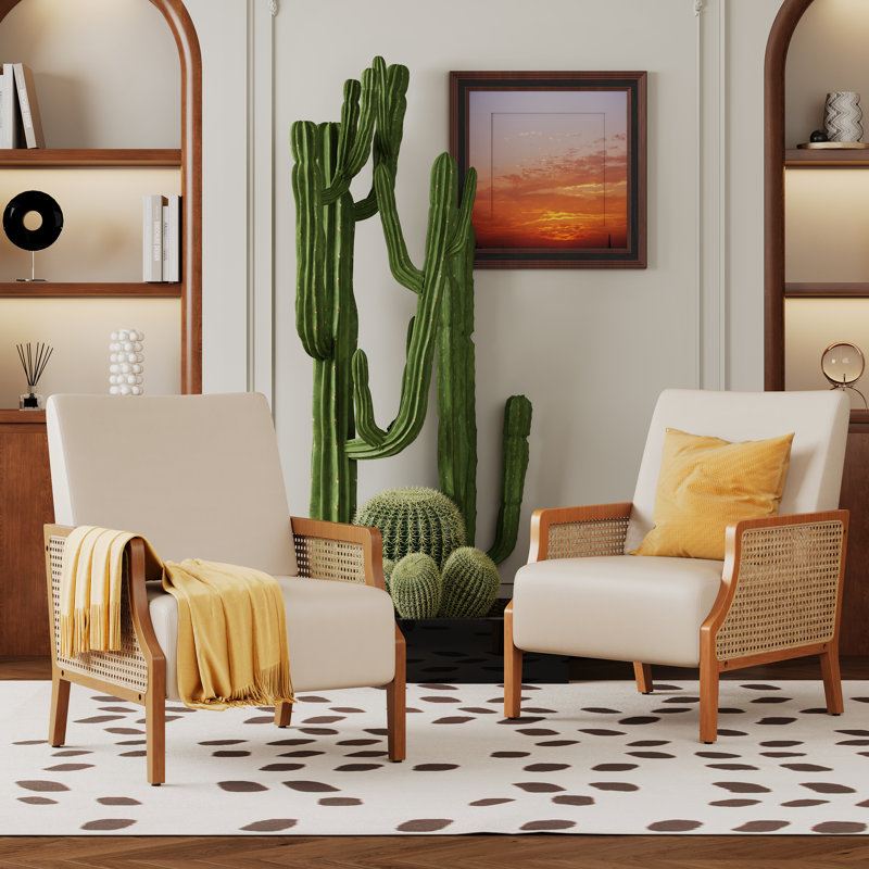 Upholstered Accent Chair With Rattan Arms And Solid Wood Legs, Beige