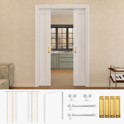 Porte coulissante double 36 po x 80 po à 1 panneau pré-fini avec poignées dorées et cadre de porte blanc