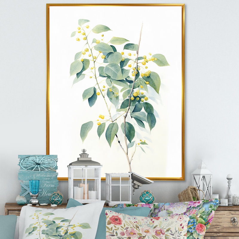 «White Green Minimalisme Eucalyptus Essence» sur toile, H 32 po x l 16 po x P 1,5 po, Cadre flottant doré