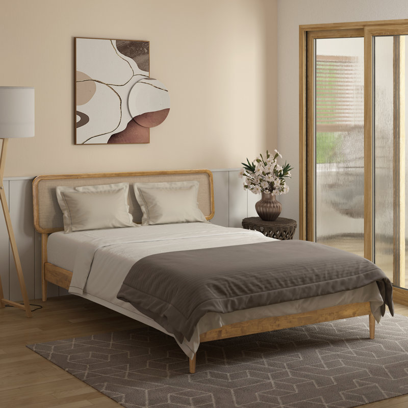 Lit plateforme en bois massif NTC avec tête de lit et lattes silencieuses NTC, style Mid-Century moderne, capacité de poids de 1 000 lb, assemblage sans effort, aspect grand teck