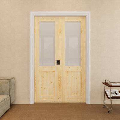 Porte en bois de pin et verre givré demi-verre 48 "x 80" avec serrure noire, bois de pin naturel, dalle de porte en verre trempé d'intimité et de sécurité, à peindre et imperméable, combinaison pour garde-robe, portes de garde-manger, portes de chambre à coucher