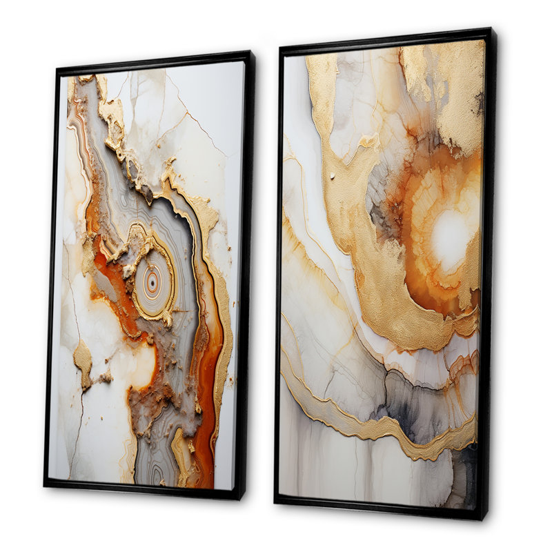 Géode de pierre beige et orange minimalisme - ensemble de 2 reproductions d'art sur toile, Cadre flottant noir