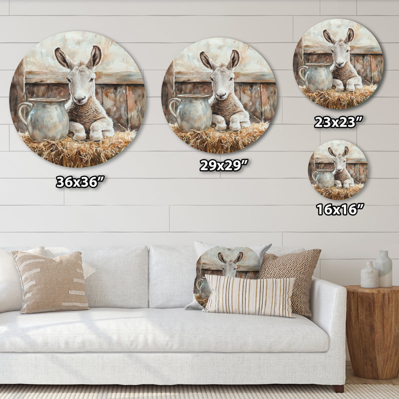 «Donkey Portrait At The Barn II» - art mural rond en forme d'âne, impression sur métal gris moderne, H 36 po x l 36 po