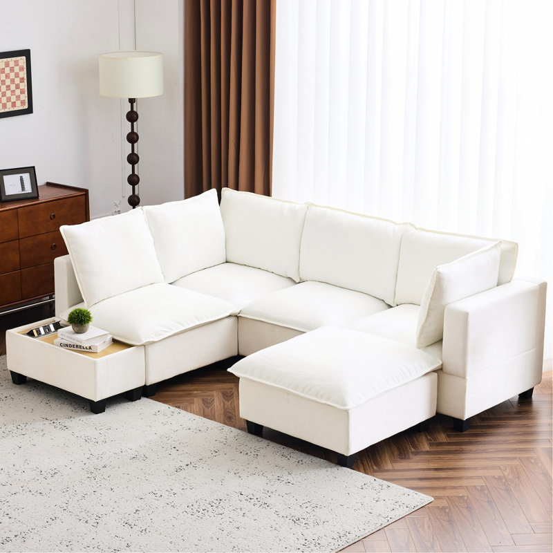 U-Shaped With Movable And Versatile Coffee Table, White - Hidden Charging Access, Cushioned Rest, Framework 90" Sectional Couch Practical Table Built-In Ability, Soft Cushioning Area, Build Guarantee