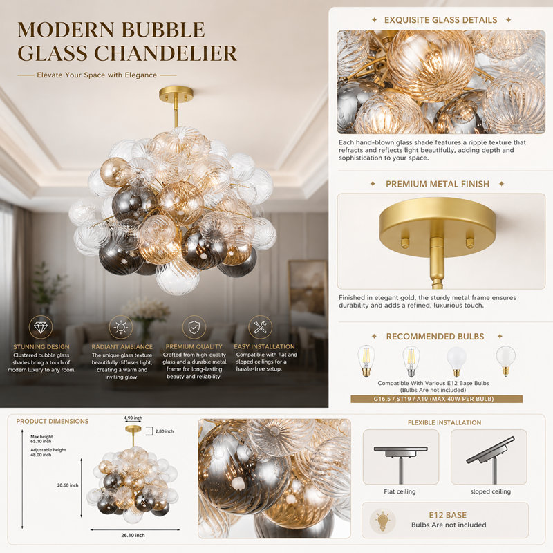 Jurelt 8 - Light Modern Glass Bubble Chandelier Flush Mount Ceiling Light