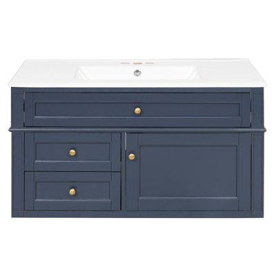 36" Multifunctional Storage Wall-Mounted Vanity with Sink, 3 Drawers and Soft-Close Doors