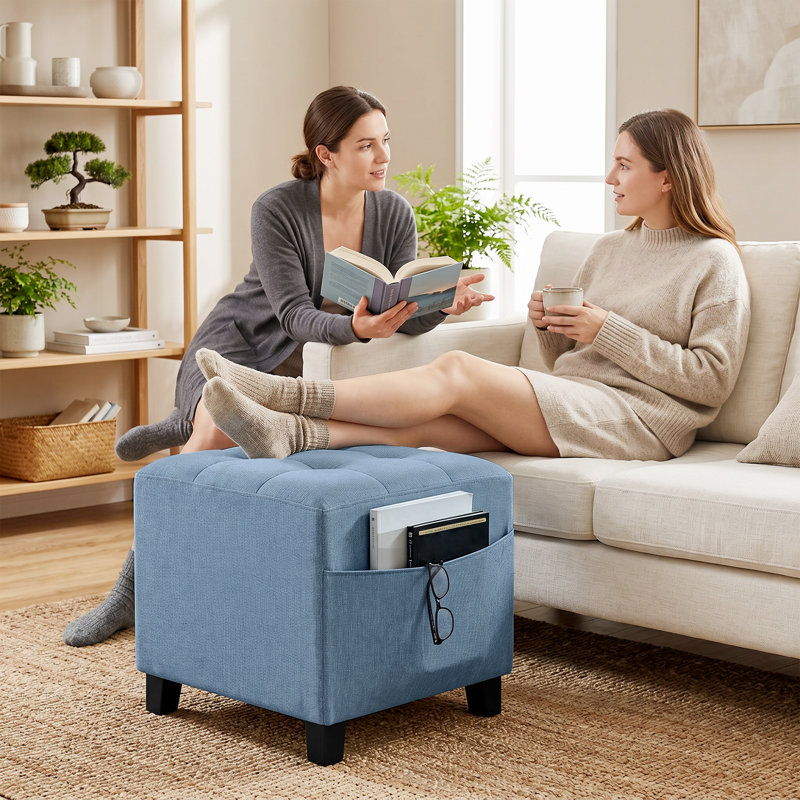HOMCOM Small Ottoman with Side Pocket Living Room, Dark Blue, Dark Blue