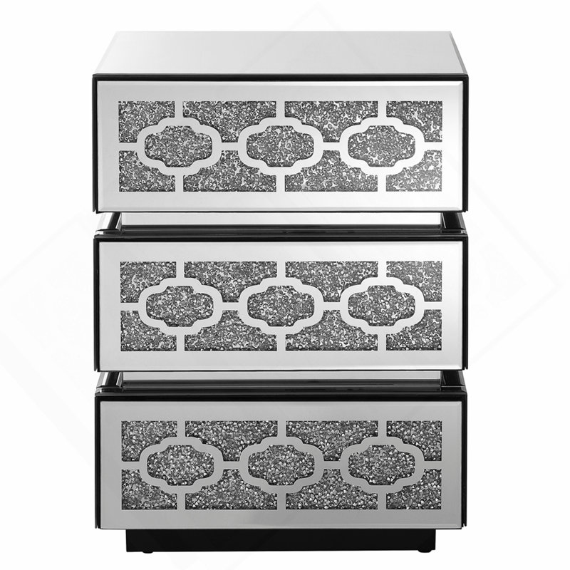 Table de chevet avec miroir, table d'appoint moderne à 3 tiroirs, table de bout décorative argentée avec diamants écrasés pour chambre à coucher, dortoir et salon, l 17,7 po x P 13,8 po x H 23,6 po