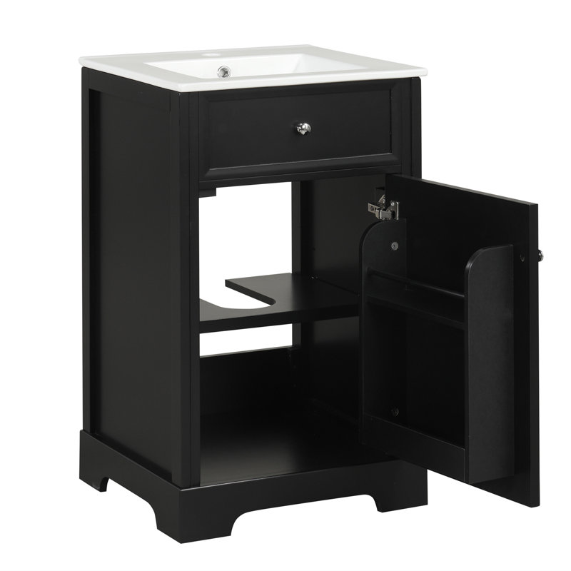 Meuble-lavabo de 20 po avec lavabo, armoire de salle de bain avec porte à fermeture douce, support de rangement et tablette réglable, noir