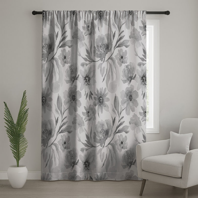 Rideaux à motif floral noir et blanc à motif aquarelle, rideaux à motif floral - 1 panneau, 50 po x 92 po - 1 panneau