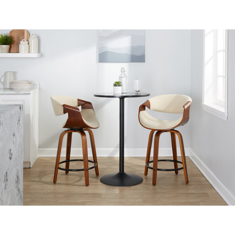 Curvini 24" Mid-Century Modern Fixed-Height Counter Stool With Swivel In Walnut Wood And Cream Fabric With Round Black Metal Footrest - Set Of 2
