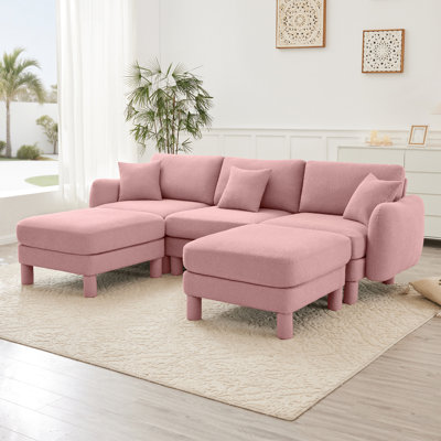 Pink, Boucle Fabric, 3, U Shape Sectional, Shell-Shaped , Movable Ottomans, Cylindrical Legs, Home Decor Sectional 3 Pink Couch In Featuring Distinctive 2 Ottomans And Self Wrapped For Long-Term Use