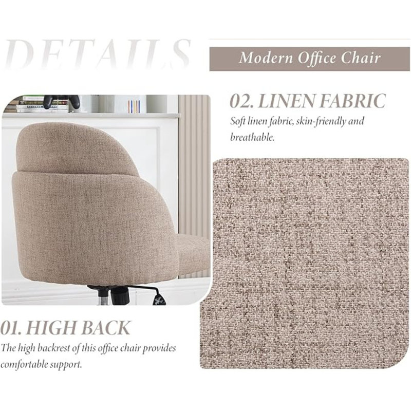 Office Chair in Linen Fabric Modern Swivel Desk Charir Height Adjustable for Bedroom Office Workplace, Brown