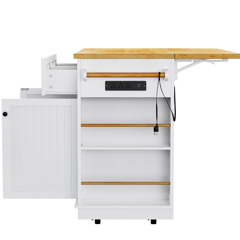 Chariot pour îlot de cuisine 48 pouces avec rallonge, prise de courant, rangement interne, 5 roulettes, 2 tiroirs, tablettes réglables, alimentation de style blanc, rouler pour la zone