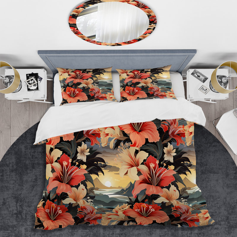 Literie Tropical Sunset Botanical Pattern, Housse de couette pour grand lit et 2 taies décor