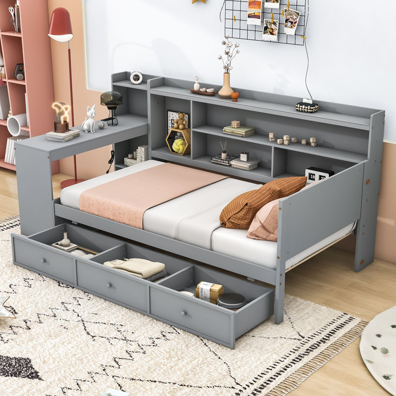 Wooden Daybed With Three Drawers, USB Ports and desk, Gray, Twin