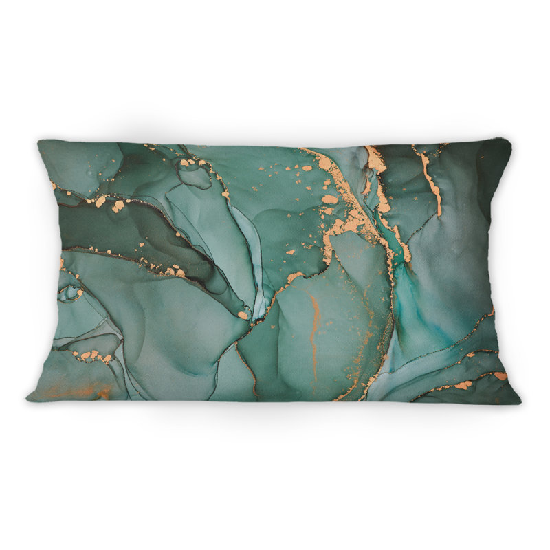 Turquoise et gris luxueux abstrait Art fluide IV - coussin décoratif moderne imprimé 12 po x 20 po