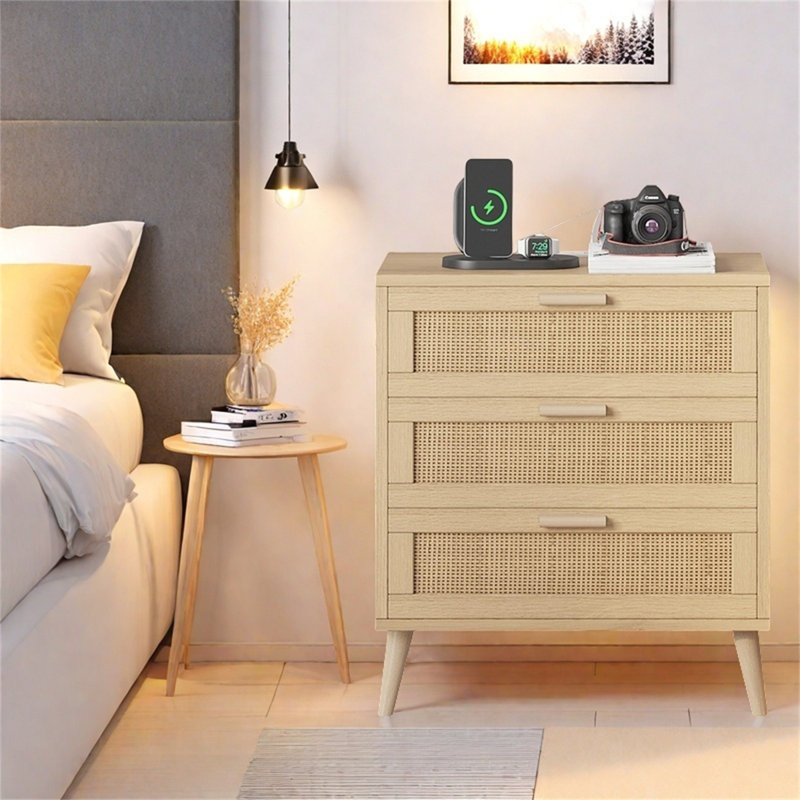 Table de chevet en rotin avec station de charge - table de chevet Boho avec 3 grands tiroirs, Naturel