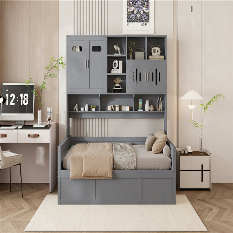 Wooden Daybed With Hydraulic bed and All-in-One Cabinet and Shelf, Twin, Gray