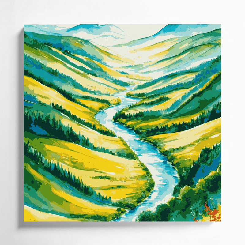 Aquarelle, paysage, toile verte, art mural, H 16 po x l 16 po