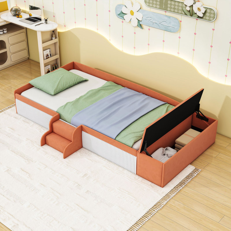 Lit rembourré pour enfant avec rangement et garde-corps, Lit simple, Brun / Blanc