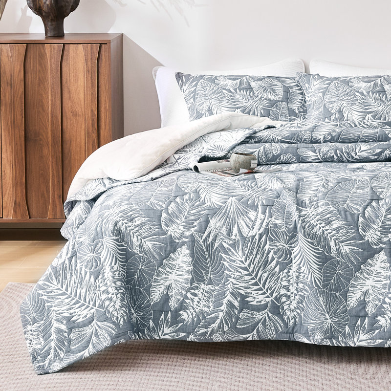 Sleep Zone Twin/Twin XL Size Cotton Jacquard Quilt Set 2 Pieces for All Season 68 x 86 Navy Plant, Navy Plant