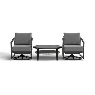 Abalone 3 Piece Patio Outdoor Swivel Seating Set In Black Aluminum With Grey Wicker And Cushions by Joss & Main