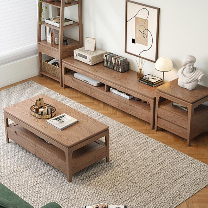 Ash Wood TV Stand with Open Shelf and 3 Drawers, 17.71”H x 78.74”L x 17.71”W