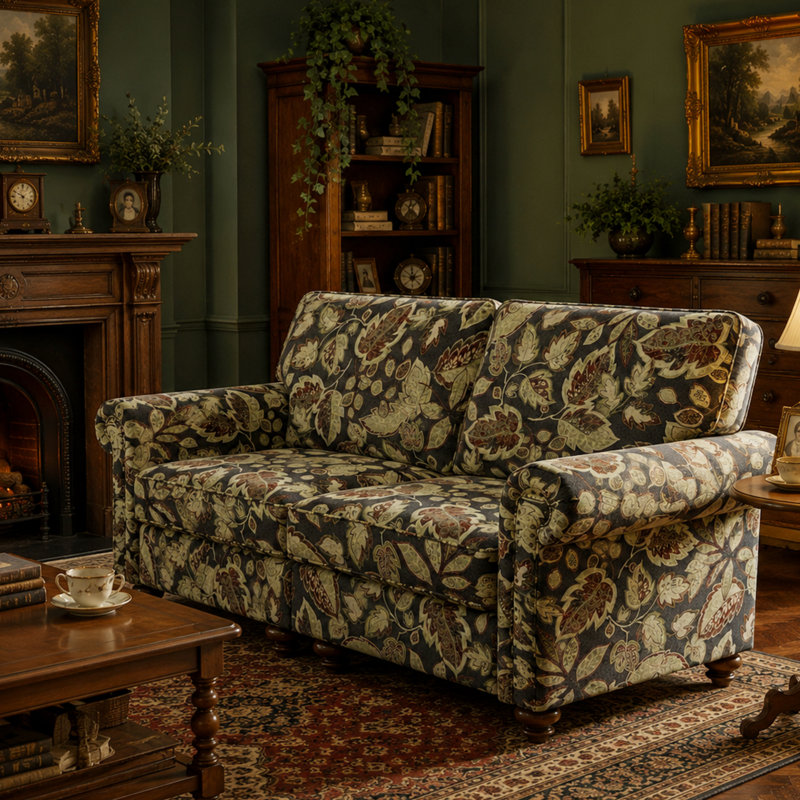 Clearance - Vintage Floral Printed 2-Seat Sofa Roll Armrest Classical Loveseat With Gourd Solid Wood Legs