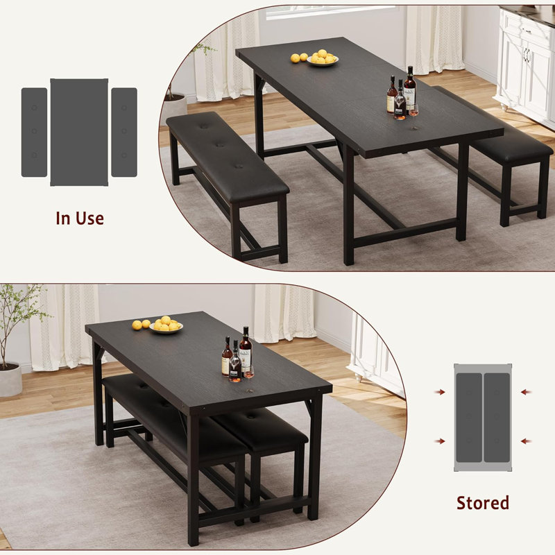 63" Dining Table Set for 4-6, Large Extendable Kitchen Table Set with 2 Upholstered Benches for 6, 3 Piece Rectangle Dining Table Set for 4 for Apartment, Saving Space