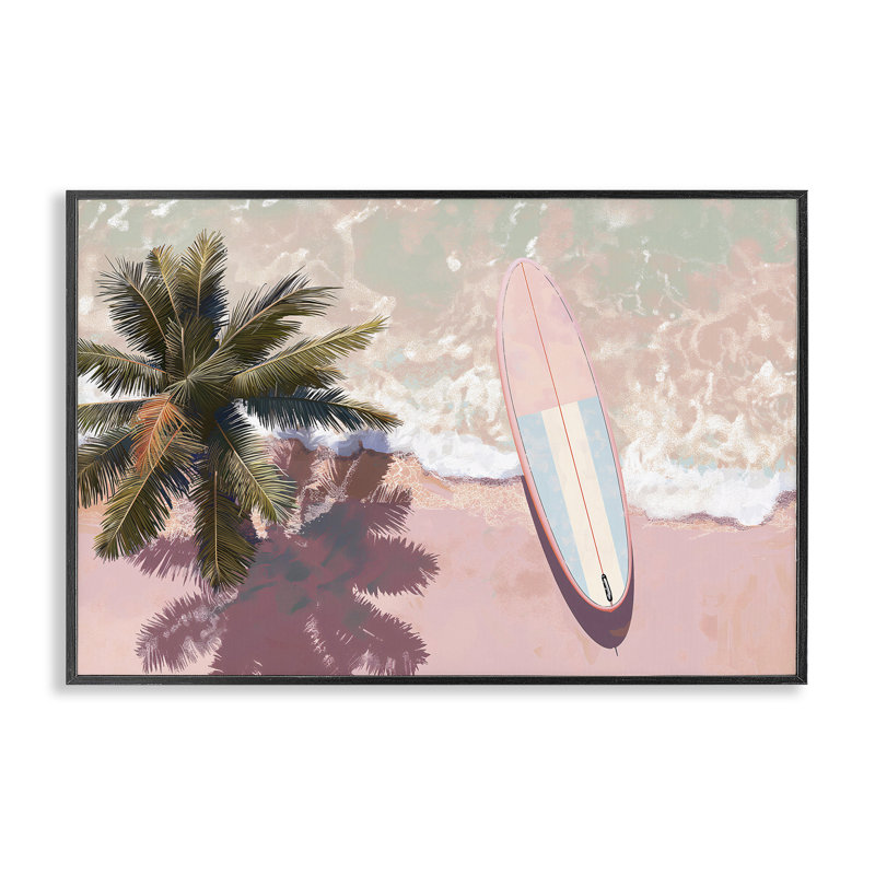 «Blush» rose, planche de surf et estampe de palmier, design par Jacky Ngan, H 12 po x l 18 po