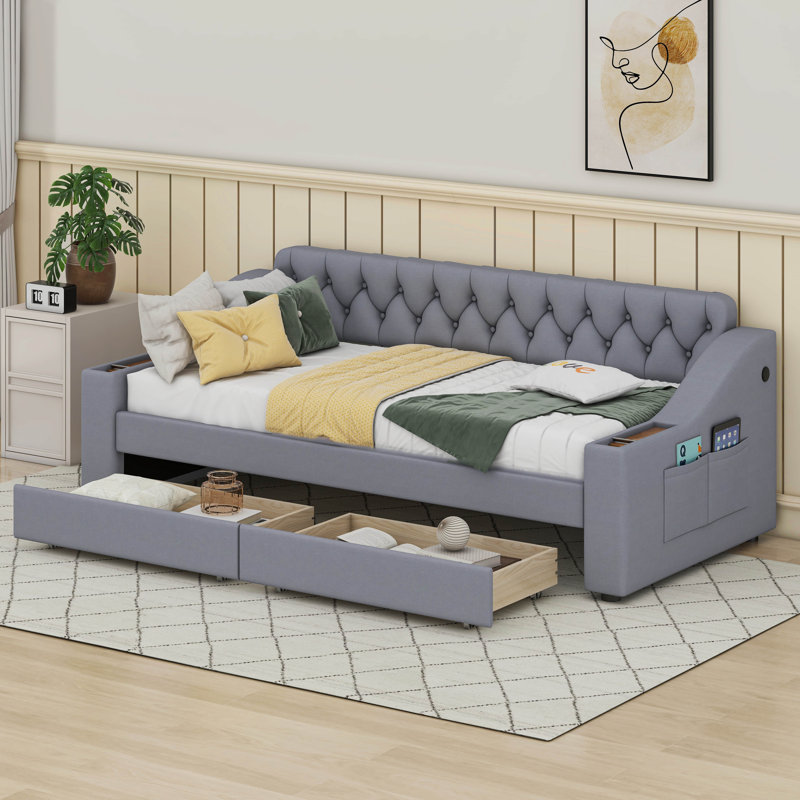Twin Size Upholstered Daybed with Storage Armrests and USB Port, Gray