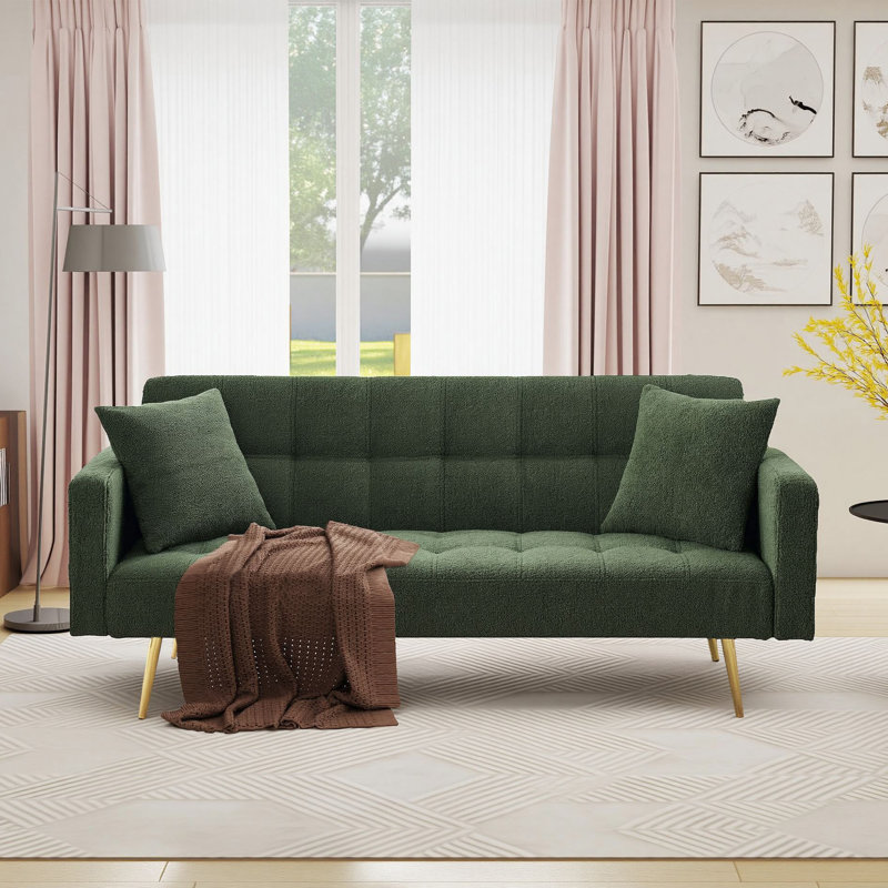 Quiniya 71.26" Modern Velvet Sofa Bed Folding Couch with Two Throw Pillows for Living Room, Green Teddy