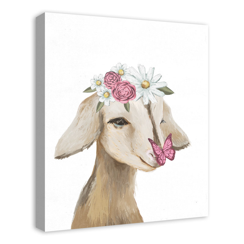 «Cute Baby Goat Butterfly Flowers», reproduction sur toile, H 24 po x l 20 po
